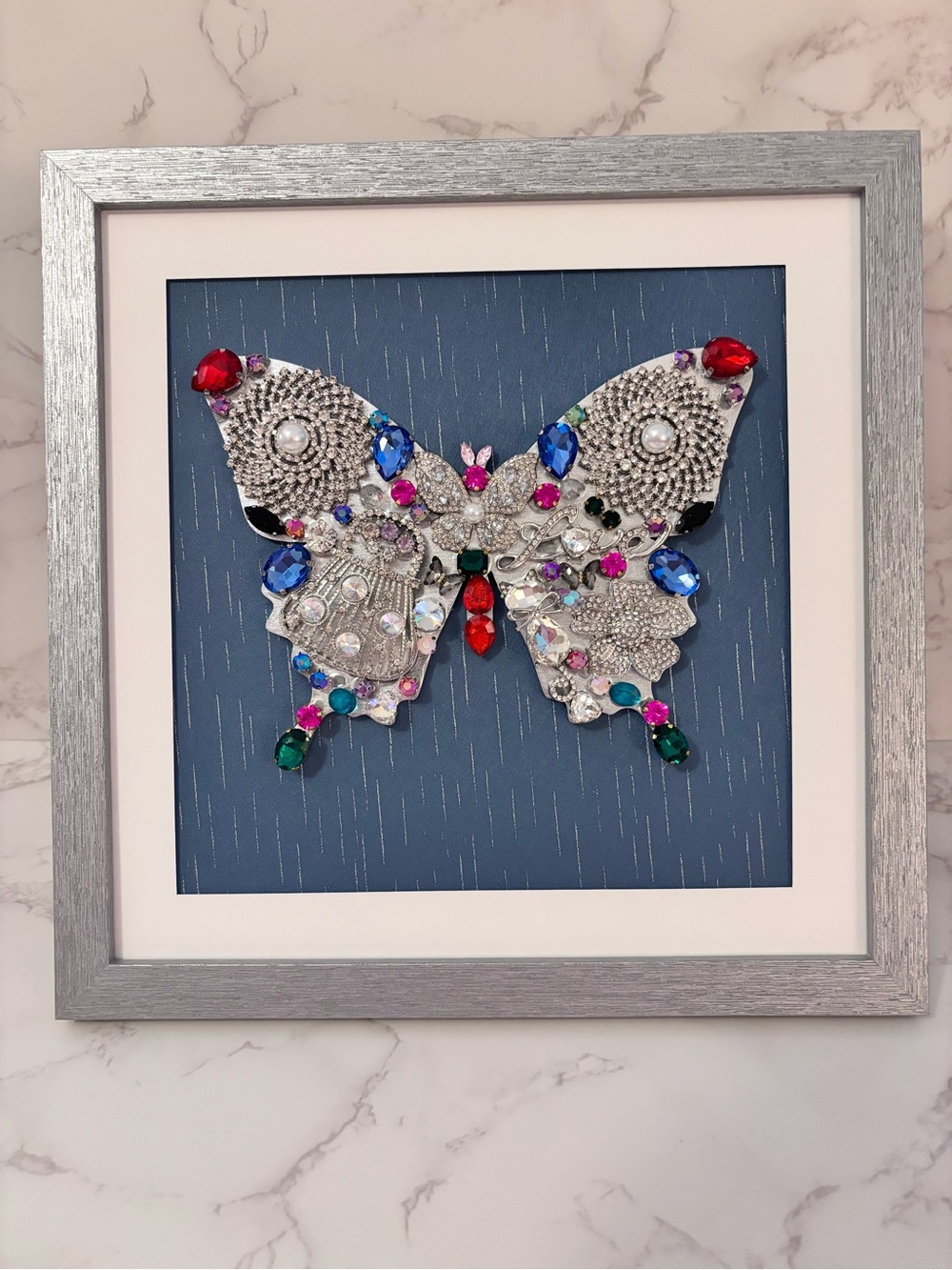 Silver Framed 10x10 Jeweled Butterfly Wall Art - Multicolor Gem Accents